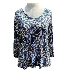 Easy Wear by Chicos blouse quarter length sleeves, brown blue white